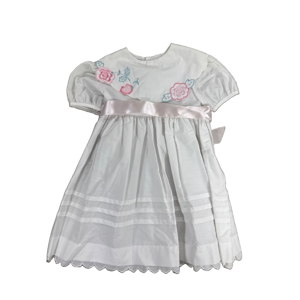 Rare Editions Dress Size 4 White Pink Blue Embroidered Ribbon Tie Made USA Vtg